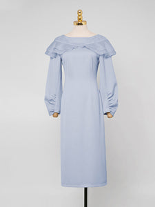 Light Blue Ruffles Long Sleeve Vintage 1940S Bodycon Dress