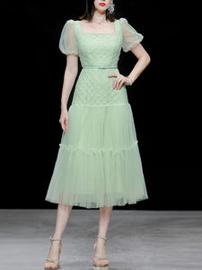 Green Vintage Style Square Neck Puff Sleeve Tulle Party Dress