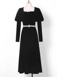 Black Square Collar Puff Long Sleeve  Vintage Velvet Dress