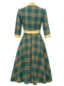 Green And Yellow Plaid 3/4 Sleeve 1950S Cotton Vintage Dress With Tie Collar