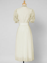 Load image into Gallery viewer, Apricot Stand Collar Puff Sleeve Mesh Pleated Dress