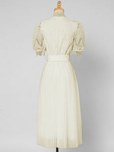 Apricot Stand Collar Puff Sleeve Mesh Pleated Dress