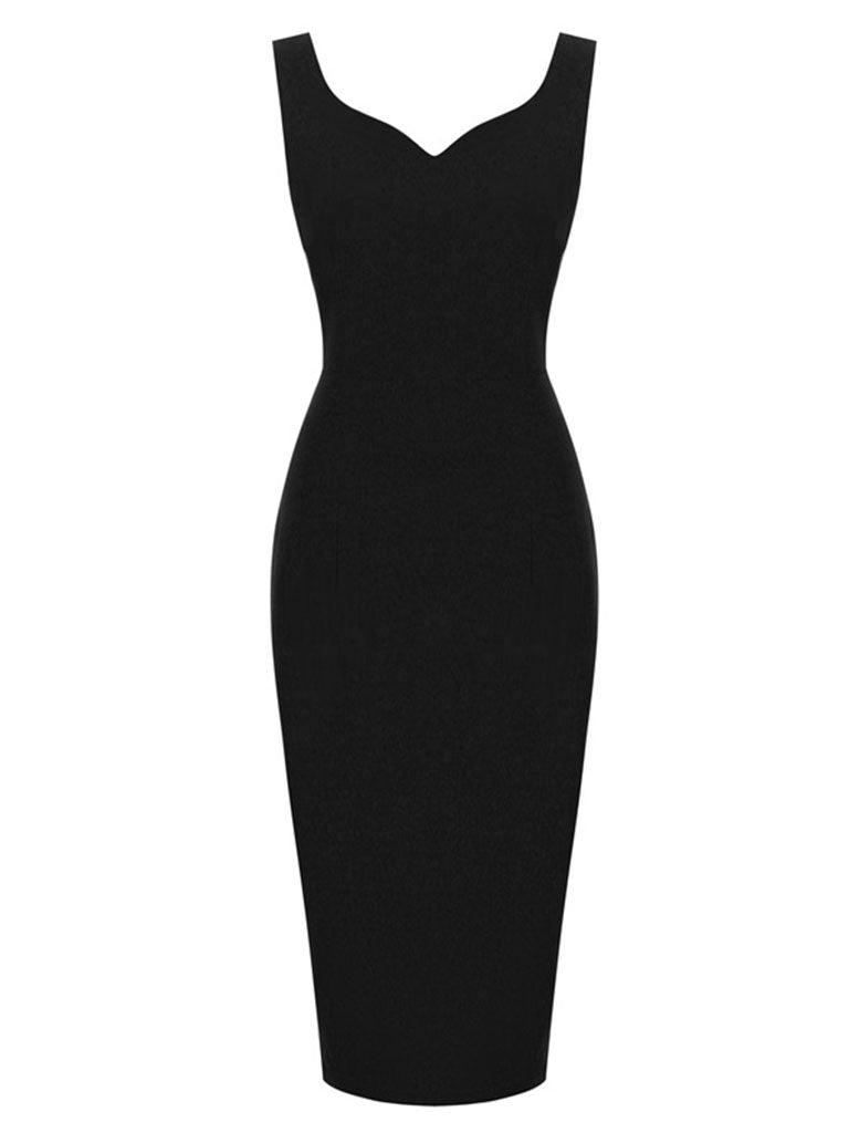 Solid Color Sweet Heart Collar 1950S Vintage Bodycon Dress, Black / M