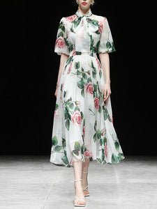 Big Bowknot Tropical Rose Print Maxi Dress