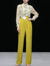 Load image into Gallery viewer, 2PS Yellow Ruffles Collar Floral Print Shirt And Pant Suit