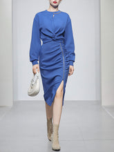 Load image into Gallery viewer, 2PS Royal Blue Casual Crew Neck Loose Short Sweater And Smocked Bodycon Skirt Suit