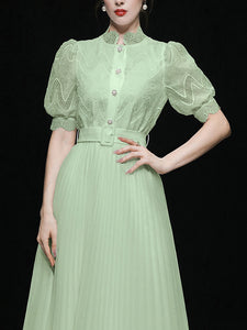 Apricot Stand Collar Puff Sleeve Mesh Pleated Dress