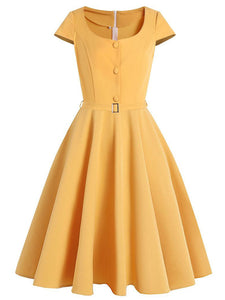 Yellow Square Collar Swing Dress With Cap Sleeve
