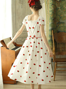 Strawberry  Embroidered Puff Sleeve Vintage Cotton Dress