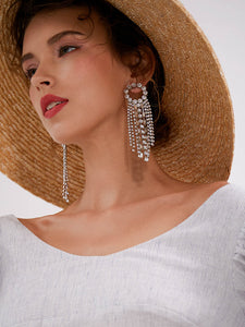 925 Silver Needle Faux Rhinestone Tassel Long Earrings