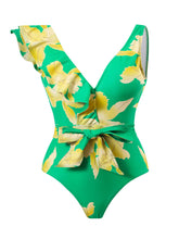 Load image into Gallery viewer, Blue Floral Print Ruffles Strap One Piece With Bathing Suit Wrap Skirt