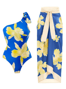 Blue Floral Print Ruffles One Shoulder Bodysuit With Wrap Skirt Bathing Suit