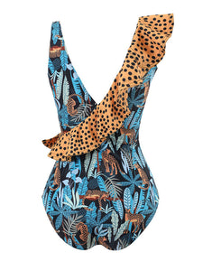 Blue Leopard Print V Neck One Piece With Bathing Suit Wrap Skirt