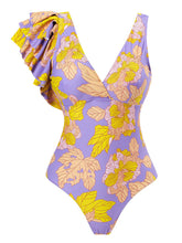 Load image into Gallery viewer, Purple Leaf Print V Neck One Piece With Bathing Suit Wrap Skirt