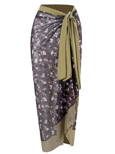 Floral Print Retro Style V Neck One Piece With Bathing Suit Wrap Skirt
