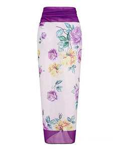 Purple Floral Print Bow Strap One Piece With Bathing Suit Wrap Skirt