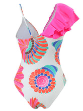 Load image into Gallery viewer, Pink Floral Print Ruffles Strap One Piece With Bathing Suit Wrap Skirt