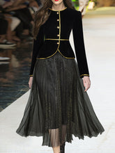 Load image into Gallery viewer, 2PS Black With Golden Embroidered Edges 1950S Vintage Classic Top And Tulle Skirt Suit