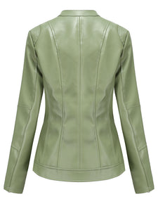 Light Green Long Sleeve PU Leather Motorcycle Jacket For Women