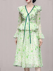 Avocado Green V Neck Ruffles Long Sleeve 1950S Vintage Dress