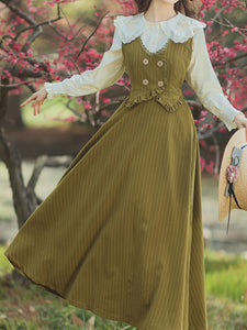 White Embroidered Doll Lapel And Mustard Green Vest Corset Suspender Dress Suit