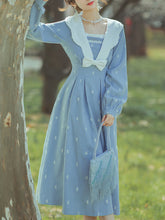 Load image into Gallery viewer, Blue Sailor Petal Neck Embroidered Vintage Dress