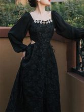 Load image into Gallery viewer, Black Glass Diamond Rose Jacquard Hollow-carved Dress 1950S Hepburn Style Outfits