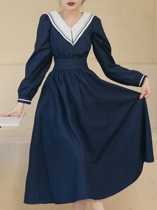 Sweet Navy Sailor Collar Long Sleeve Swing Vintage Dress