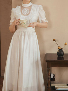 White Lace Ruffles Puff Sleeve Edwardian Revival Wedding Dress