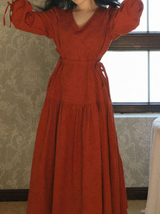 Orange V Neck Relief Jacquard Long Sleeve Vintage Dress