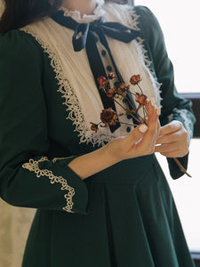 Dark Green Long Sleeve Ruffles Evdwardian Revival Dress