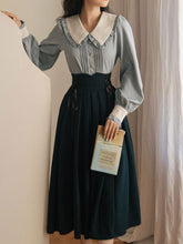 Load image into Gallery viewer, 1950S Vintage Peter Pan Puffed Sleeve Shirt And Striped Jacquard Swing Skirt Set