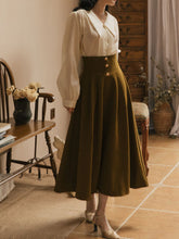 Load image into Gallery viewer, 2PS Apricot Long Sleeve Blouse And ArmyGreen Pockets Swing Strap Skirt Dresss Set