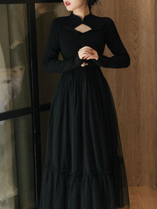 Sweet Hollow Carved Sweater Top Stitching Tulle Little Black Dress With Belt