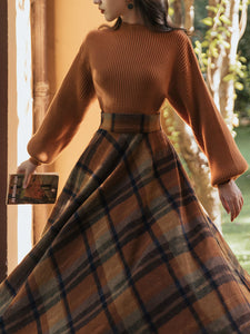 2PS Brown Sweater And Plaid Swing Skirt 1950S Vintage Audrey Hepburn's Style Outfits