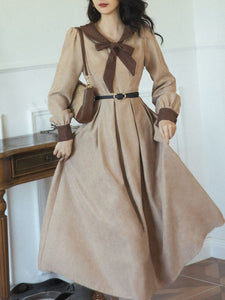 BowKnot Collar Long Sleeve Swing Dress 1950S Hepburn Style Outfits