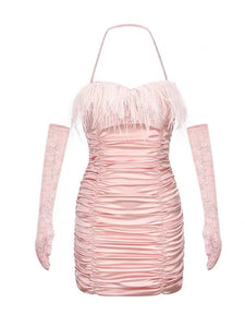 Pink Spaghetti Strap Feather Satin Pleated Sexy Gown Party Dress With Gloves