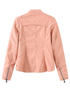 Women‘s Pu Leather Jacket Stand Collar Long Sleeve Coat