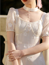 Load image into Gallery viewer, White Daisy Pearl Puff Sleeves 50S Vintage Dress