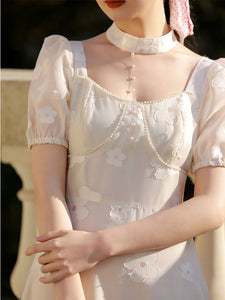 White Daisy Pearl Puff Sleeves 50S Vintage Dress