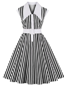 Beetlejuice Costume Black and White Vertical Stripe Swing Dress With Tie