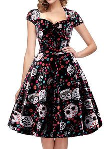 Halloween Red Skull Printed V Neck Vintage Dress