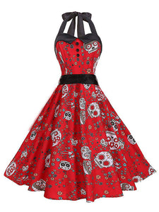 1950S Halloween Skull Printed Halter Vintage Dress