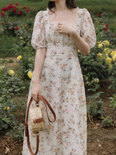 Load image into Gallery viewer, Floral Embroidered Lace Puffed Sleeve Chiffion Vintage Dress With Belt