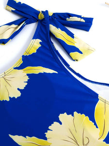 Blue Floral Print Ruffles One Shoulder Bodysuit With Wrap Skirt Bathing Suit