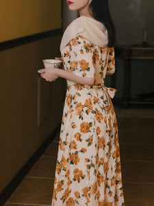 Orange Rose Print Off Shoulder Short Sleeves 50S Chiffon Dress