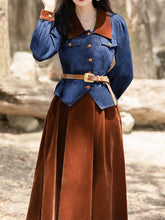 Load image into Gallery viewer, 2PS Denim Coat With Brown Velvet Swing Skirt 1950S Vintage Audrey Hepburn&#39;s Style Outfits
