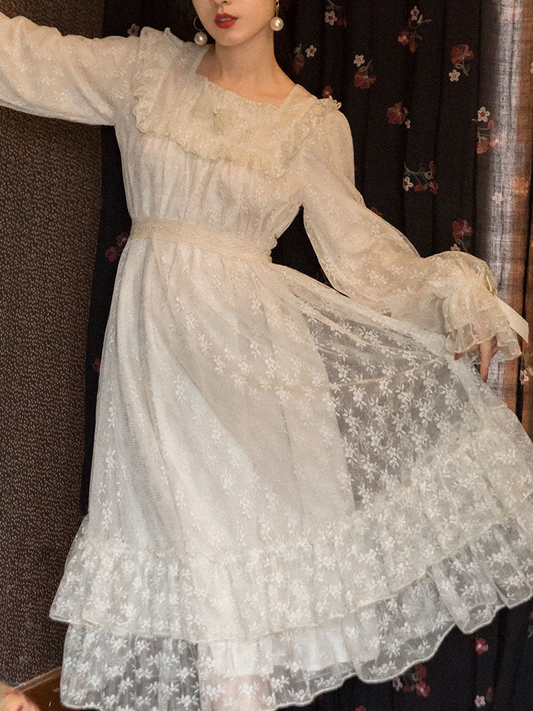 Champagne Ruffles Puff Sleeve Lace Vintage Victorian Dress