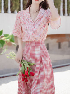 2PS Pink Floral Print Shirt And Plaid Swing Skirt Dress Set