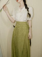 Load image into Gallery viewer, 2PS Green Turn Down Collar Flower Embroidered Shirt And Swing Skirt Dress Set